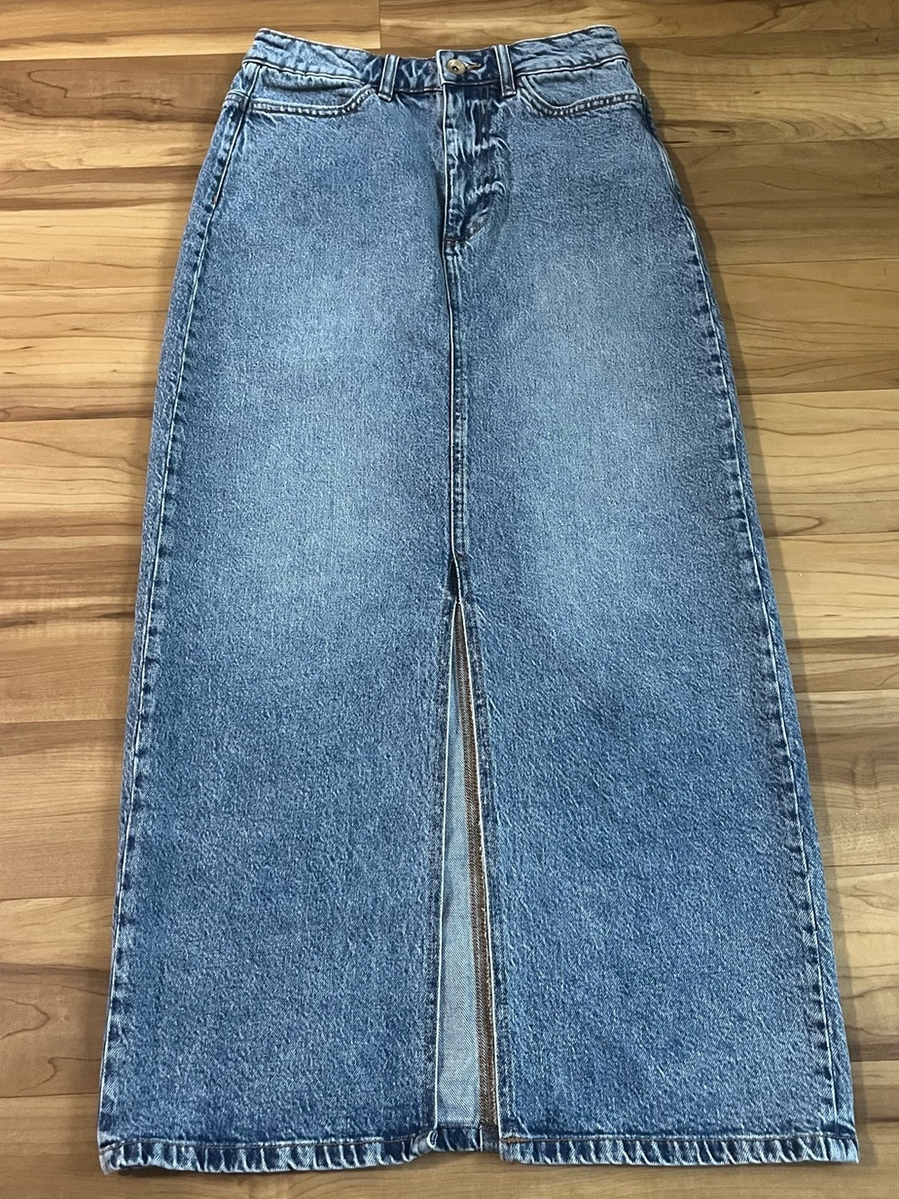 Zara Denim Maxi Skirt Front Slit Blue Jean Skirt Size M
